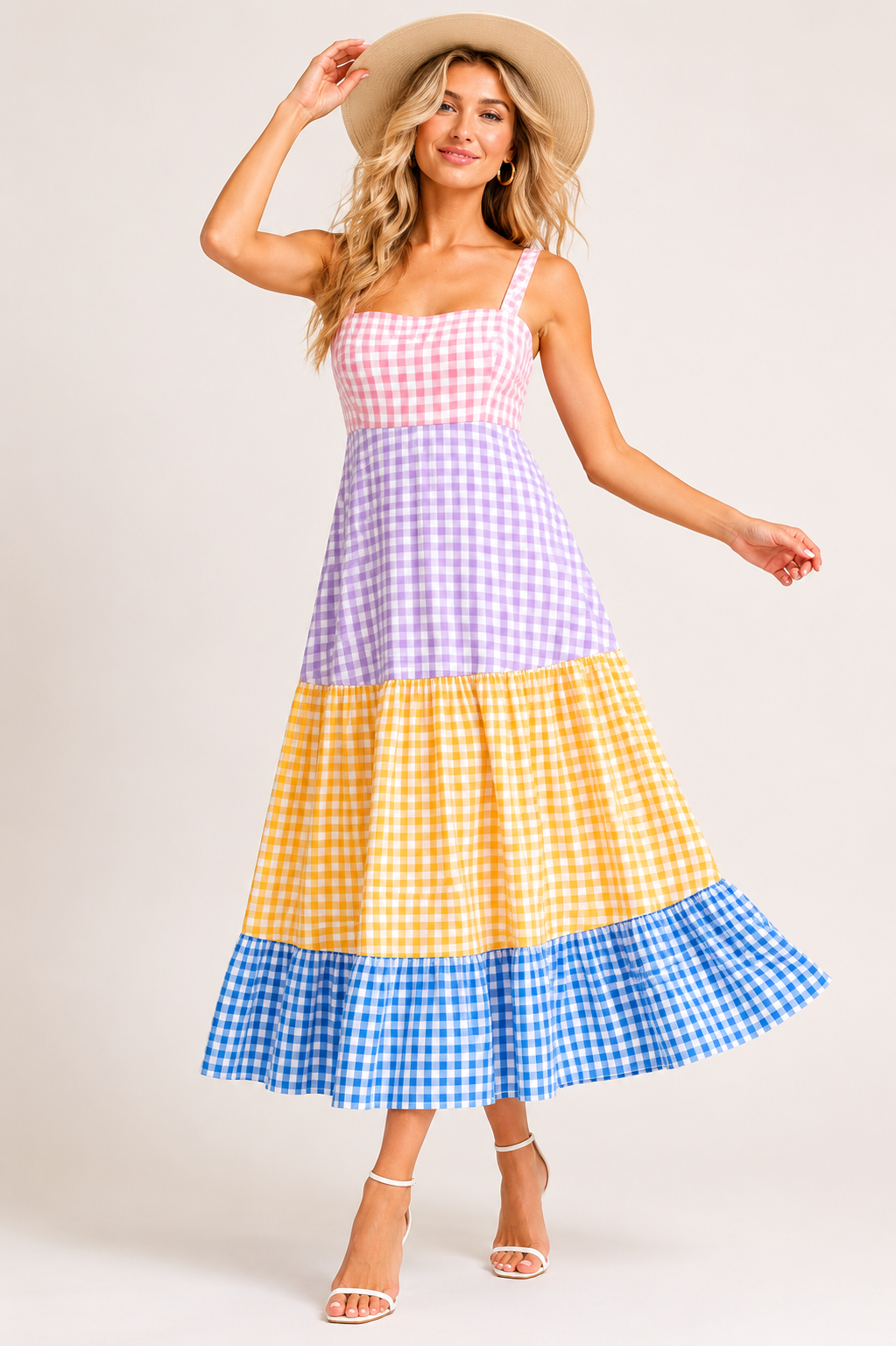 BiBi Color Block Tiered Gingham Dress