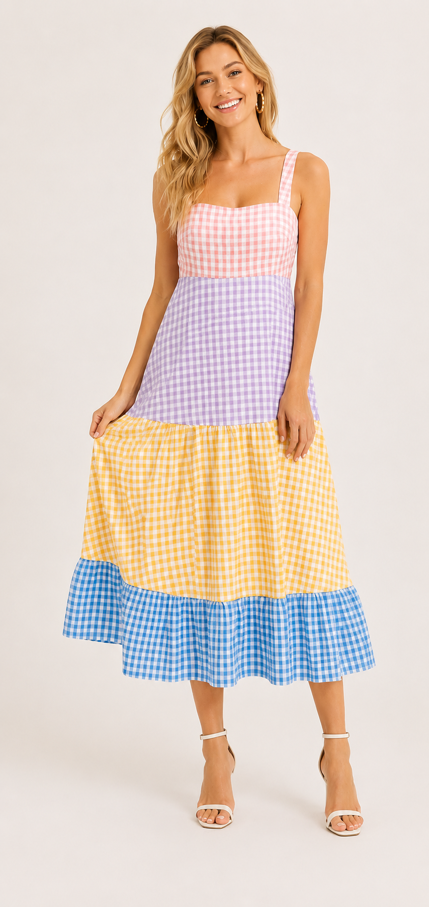 BiBi Color Block Tiered Gingham Dress