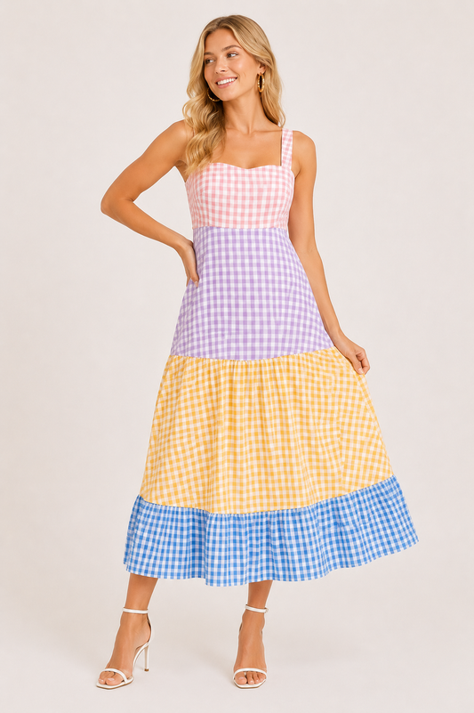 BiBi Color Block Tiered Gingham Dress