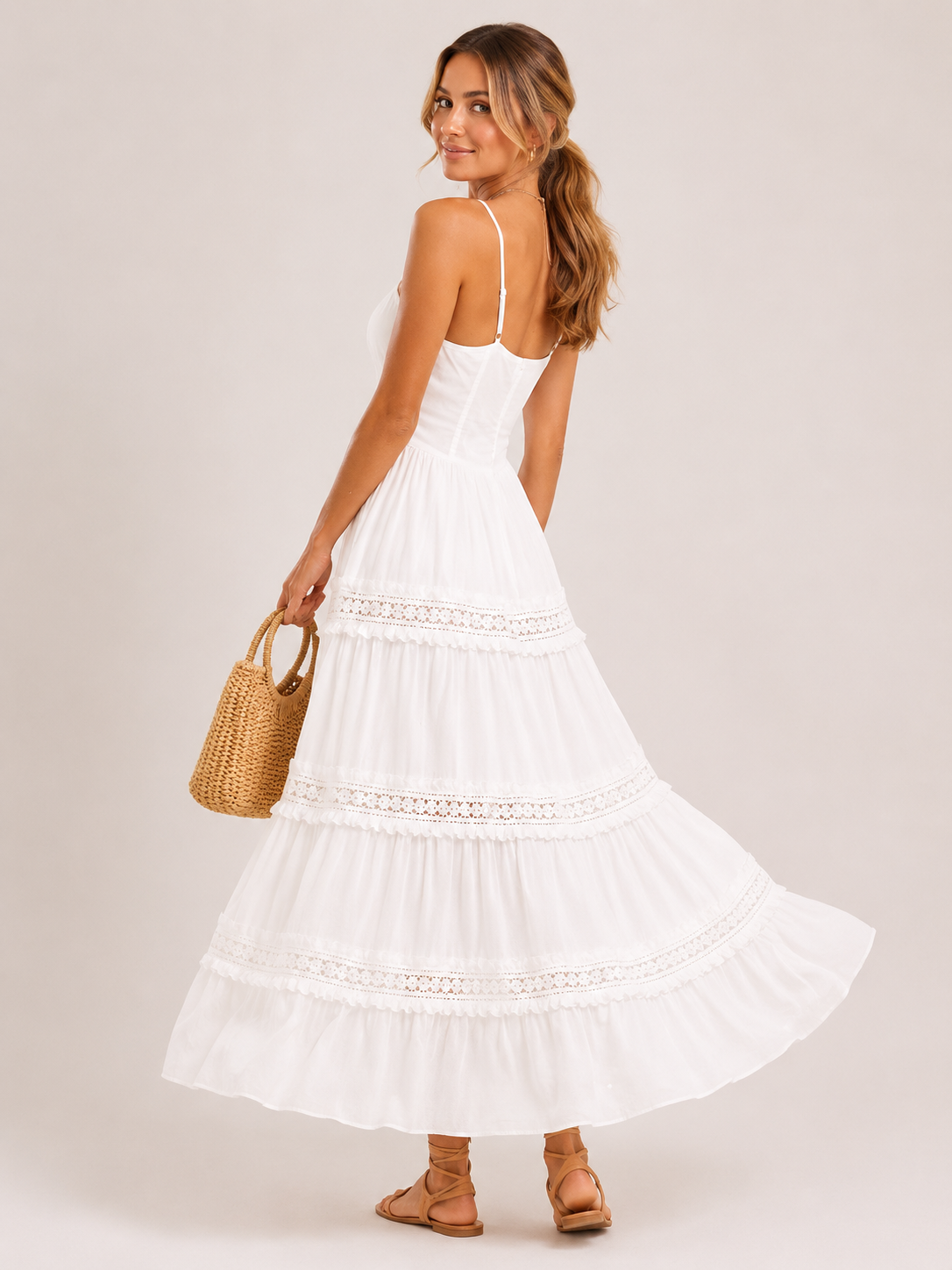 Lace Trimmed Tiered Midi Cami Dress