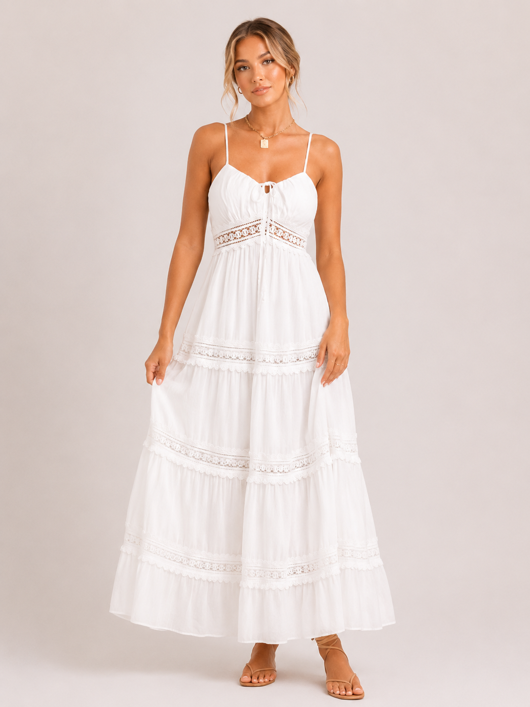 Lace Trimmed Tiered Midi Cami Dress