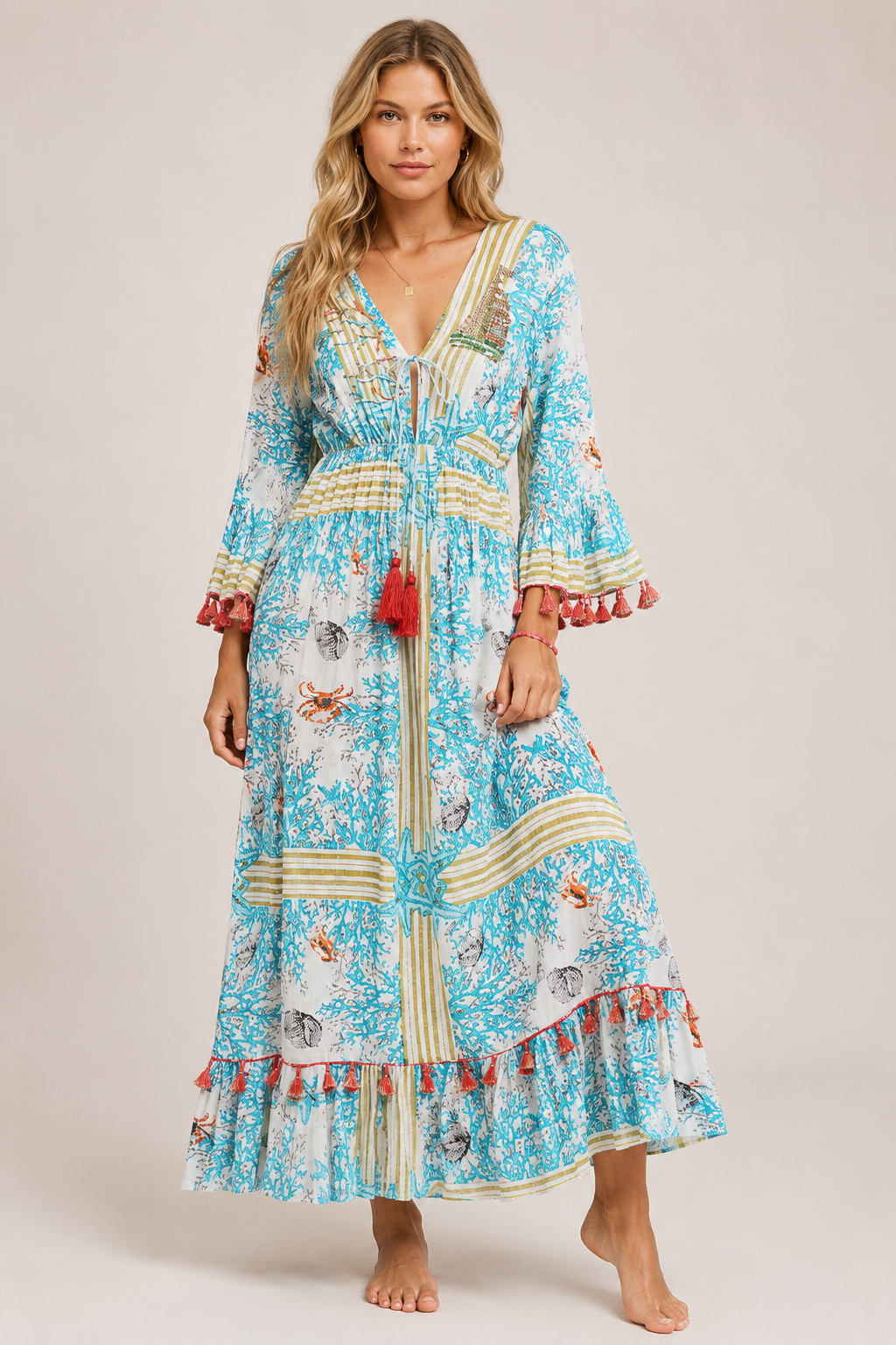 POL Bohemian Print Tassel Trim Maxi Dress