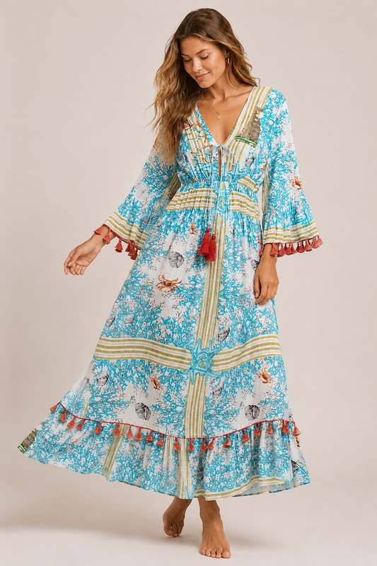 POL Bohemian Print Tassel Trim Maxi Dress